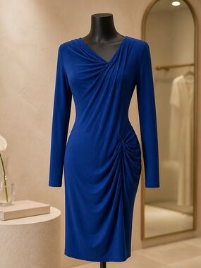 VENUS Cobalt Blue Ruched Long-Sleeve Sheath Dress